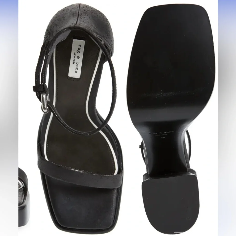 rag & bone Platform Sandals Womens‎ 38 Black Suede Block Heel Square Toe Buckle